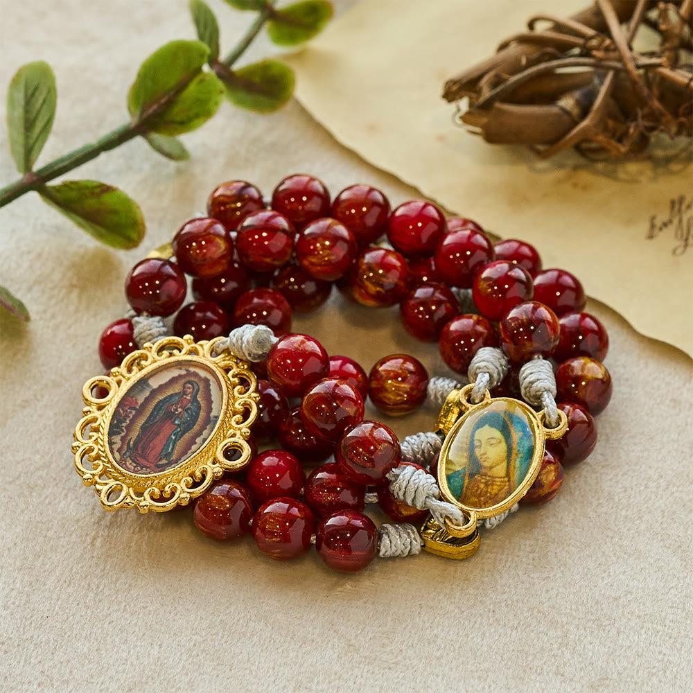 Christianartworkshop Sparkle Wine Red Seven Sorrows Faith Rosary with Vintage Golden Our Lady Medal - image 5