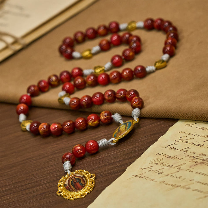 Christianartworkshop Sparkle Wine Red Seven Sorrows Faith Rosary with Vintage Golden Our Lady Medal - image 4