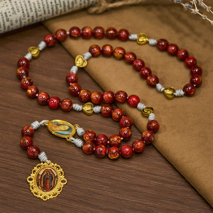 Christianartworkshop Sparkle Wine Red Seven Sorrows Faith Rosary with Vintage Golden Our Lady Medal - image 3