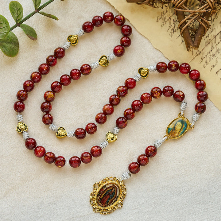 Christianartworkshop Sparkle Wine Red Seven Sorrows Faith Rosary with Vintage Golden Our Lady Medal - image 2