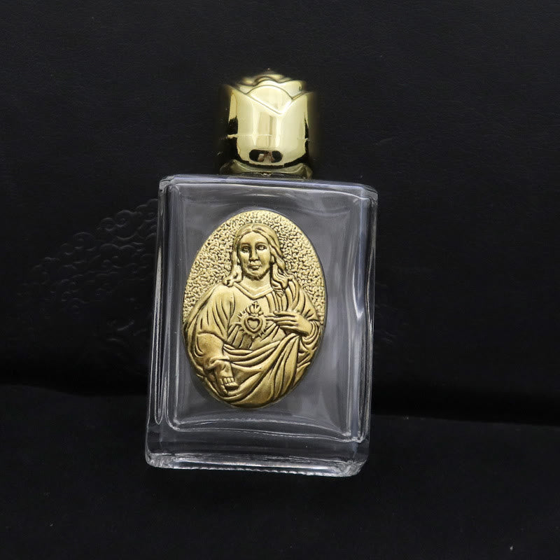 Christianartworkshop Embossed Sacred Icon Holy Water Bottle: Carry His Care in Spiritual Moments - Square Bottle - Sacred Heart of Jesus - Golden - image 4