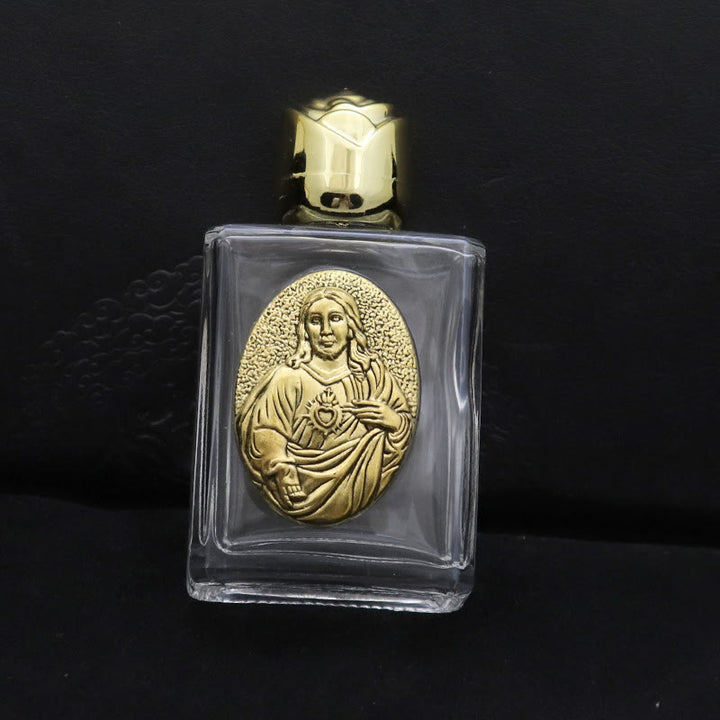 Christianartworkshop Embossed Sacred Icon Holy Water Bottle: Carry His Care in Spiritual Moments - Square Bottle - Sacred Heart of Jesus - Golden - image 4