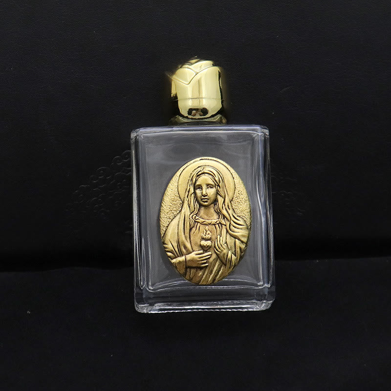 Christianartworkshop Embossed Sacred Icon Holy Water Bottle: Carry His Care in Spiritual Moments - Square Bottle - Sacred Heart of Our Lady - Golden - image 2