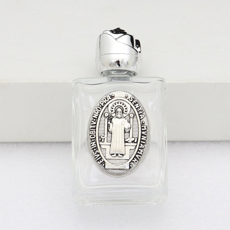 Christianartworkshop Embossed Sacred Icon Holy Water Bottle: Carry His Care in Spiritual Moments - Square Bottle - St. Benedict - Silver - image 22