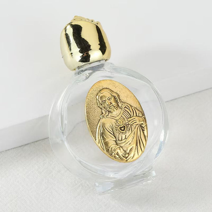 Christianartworkshop Embossed Sacred Icon Holy Water Bottle: Carry His Care in Spiritual Moments - Round Bottle - Sacred Heart of Jesus - Golden - image 28