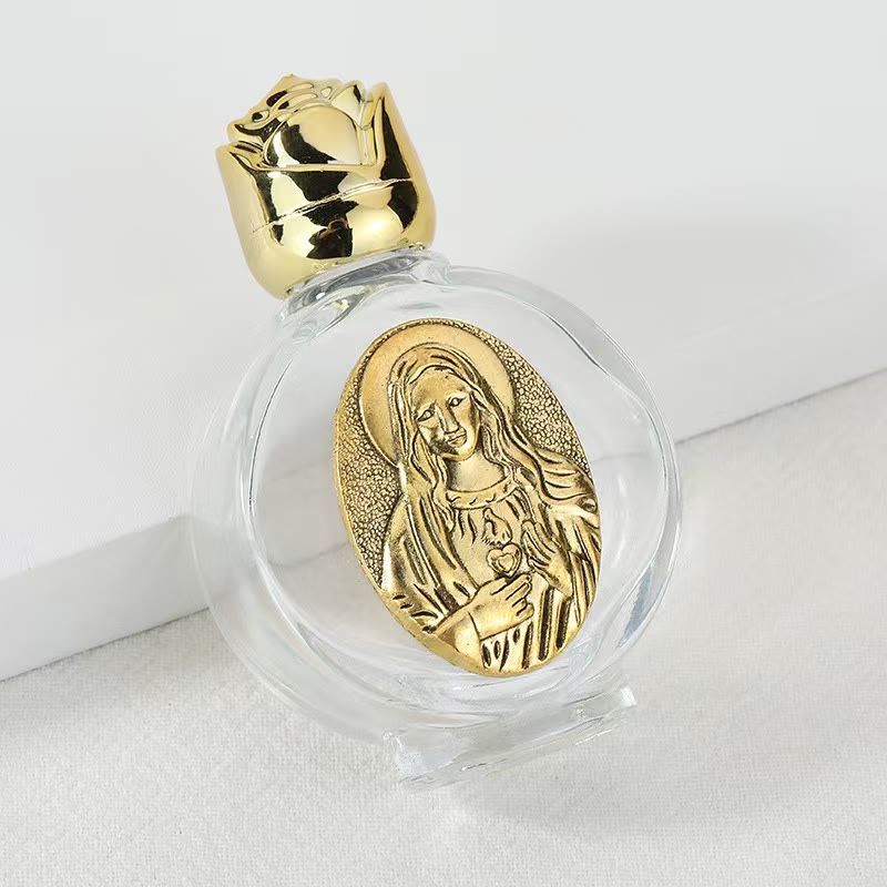 Christianartworkshop Embossed Sacred Icon Holy Water Bottle: Carry His Care in Spiritual Moments - Round Bottle - Sacred Heart of Our Lady - Golden - image 26