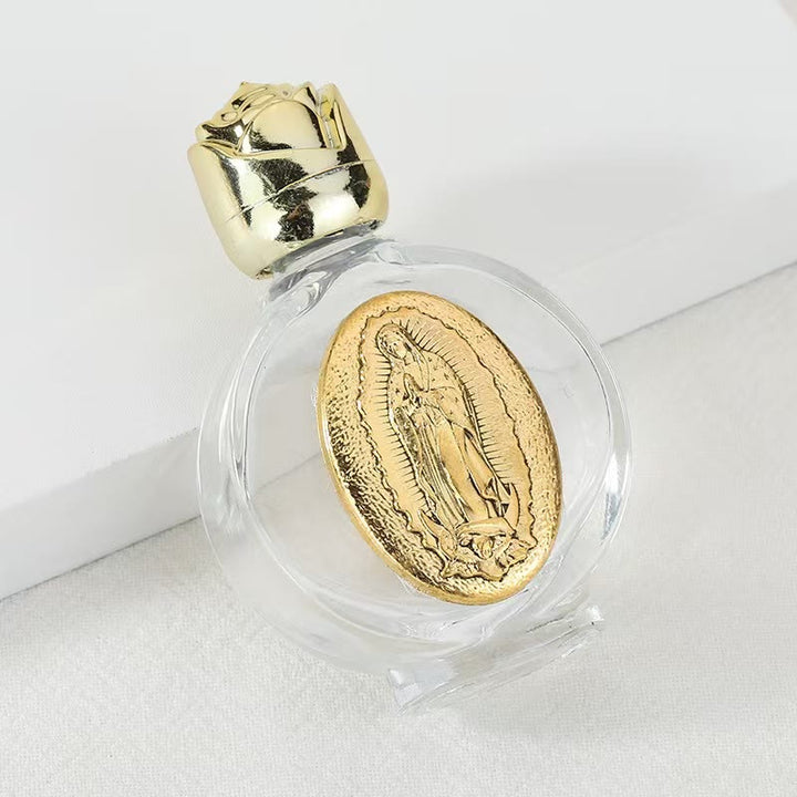 Christianartworkshop Embossed Sacred Icon Holy Water Bottle: Carry His Care in Spiritual Moments - Round Bottle - Our Lady of Guadalupe - Golden - image 30