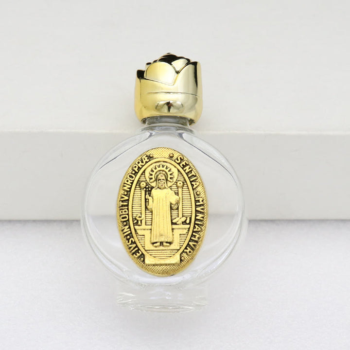 Christianartworkshop Embossed Sacred Icon Holy Water Bottle: Carry His Care in Spiritual Moments - Round Bottle - St. Benedict - Golden - image 33