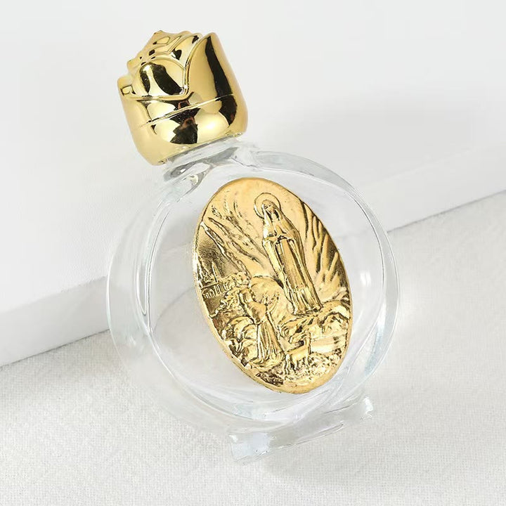 Christianartworkshop Embossed Sacred Icon Holy Water Bottle: Carry His Care in Spiritual Moments - Round Bottle - Our Lady of Fatima - Golden - image 32
