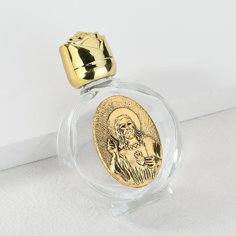 Christianartworkshop Embossed Sacred Icon Holy Water Bottle: Carry His Care in Spiritual Moments - Round Bottle - Jesus Sacred Heart - Golden - image 35