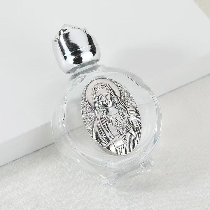 Christianartworkshop Embossed Sacred Icon Holy Water Bottle: Carry His Care in Spiritual Moments - Round Bottle - Sacred Heart of Our Lady - Silver - image 36