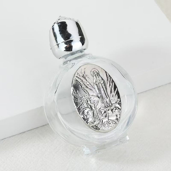 Christianartworkshop Embossed Sacred Icon Holy Water Bottle: Carry His Care in Spiritual Moments - Round Bottle - Our Lady of Fatima - Silver - image 41