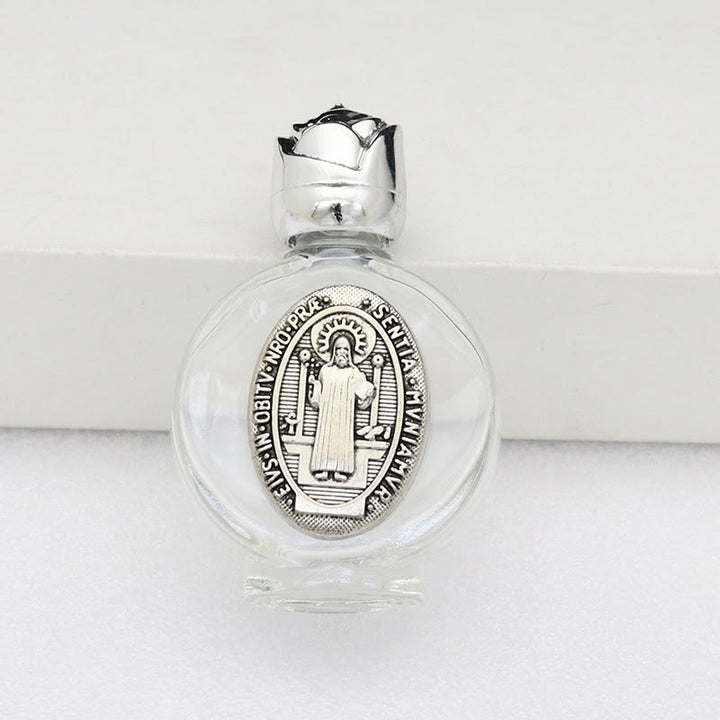 Christianartworkshop Embossed Sacred Icon Holy Water Bottle: Carry His Care in Spiritual Moments - Round Bottle - St. Benedict - Silver - image 46