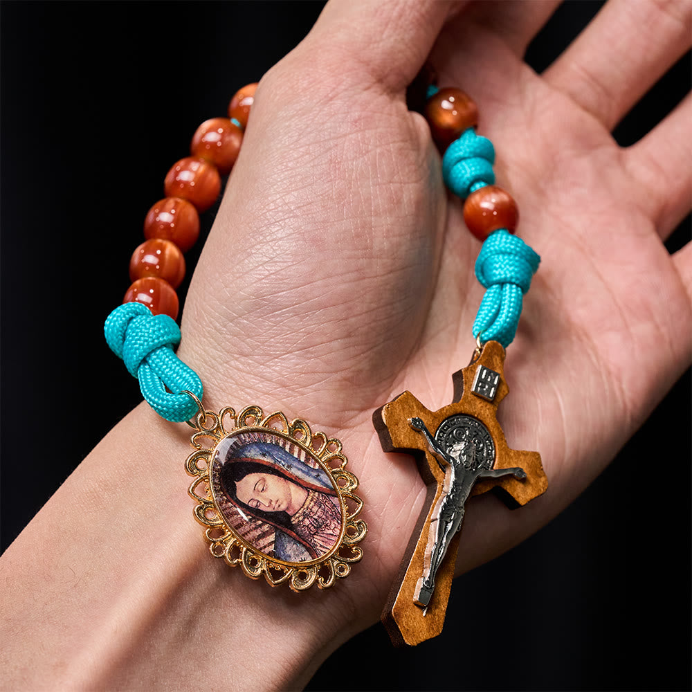Christianartworkshop Vibrant Turquoise Paracord and Crimson Bead Pocket Rosary with Our Lady & Crucifix Companion - image 1