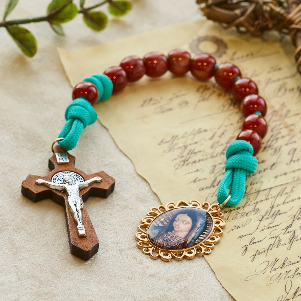 Christianartworkshop Vibrant Turquoise Paracord and Crimson Bead Pocket Rosary with Our Lady & Crucifix Companion - image 2