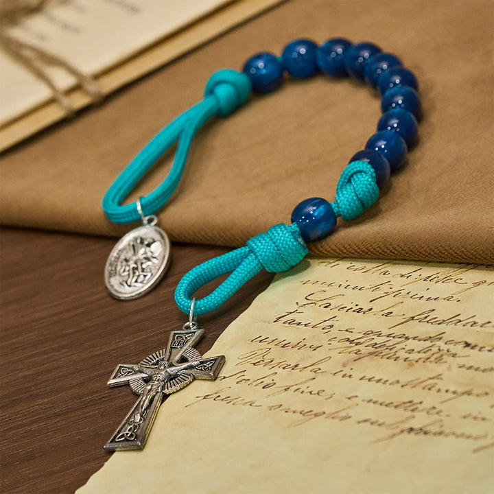 Christianartworkshop Navy Beads & Turquoise Cord Pocket Rosary with St. Michael Devotion - image 2