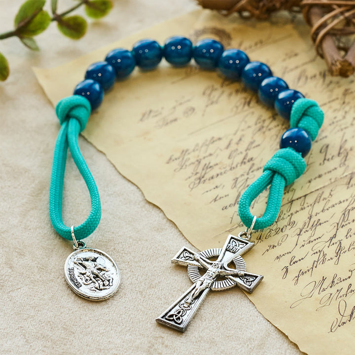 Christianartworkshop Navy Beads & Turquoise Cord Pocket Rosary with St. Michael Devotion - image 3