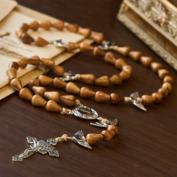 Christianartworkshop Rustic Olive Wood Teardrop Rosary with Angel Wings & Sacred Crucifix - image 6