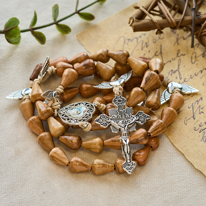 Christianartworkshop Rustic Olive Wood Teardrop Rosary with Angel Wings & Sacred Crucifix - image 5