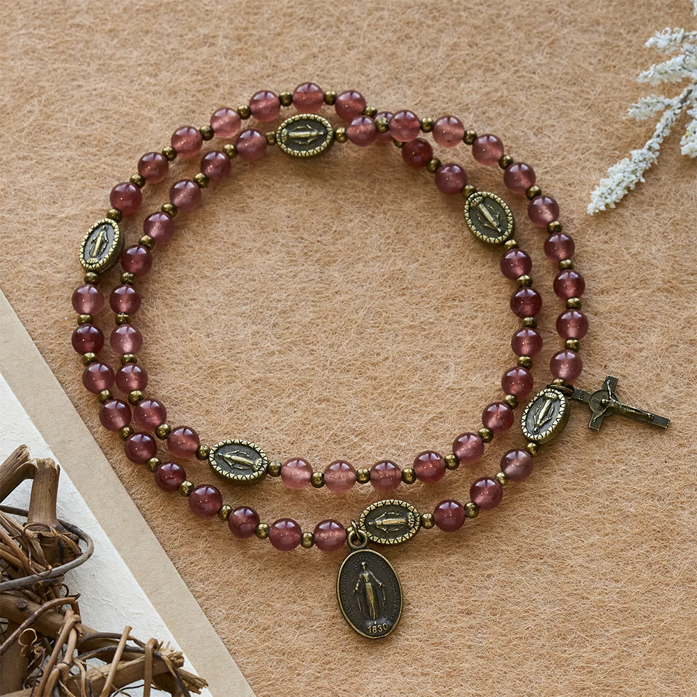 FREE Today: Vintage Strawberry Quartz Bracelet with Miraculous Medal Sacred Devotion - Strawberry Quartz - image 0