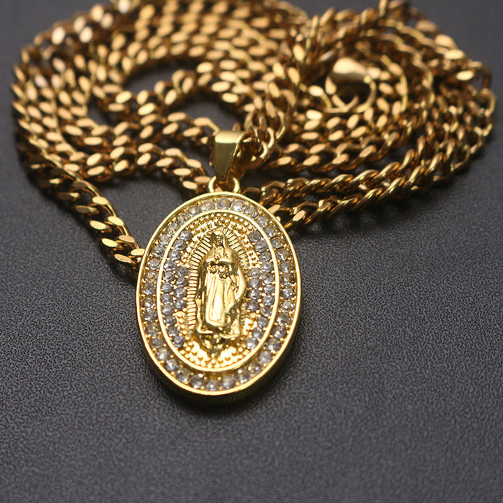 Christianartworkshop Sparkling Our Lady Oval Medallion Pendant Necklace: Embody Her Tender Intercession - Golden - image 0