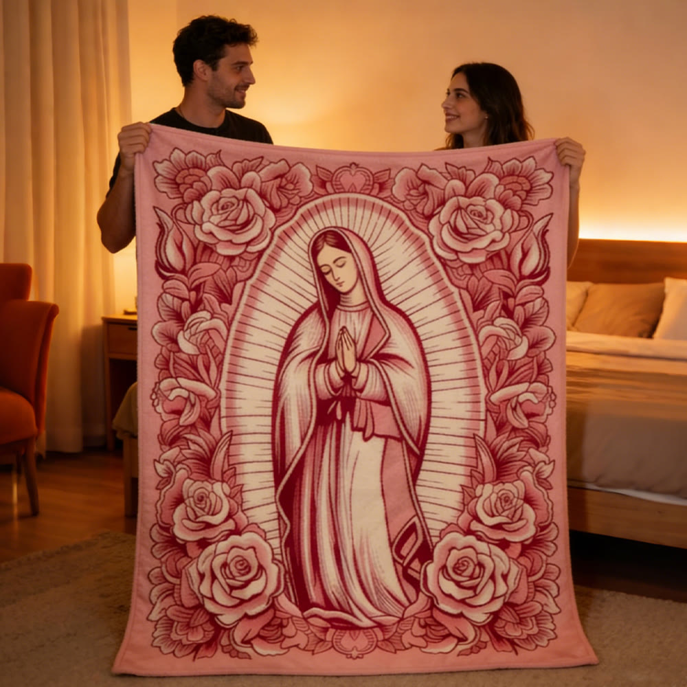 Christianartworkshop Our Lady Pink Tapestry with Floral Accents: Embody Her Tender Grace in Cozy Spaces - image 1