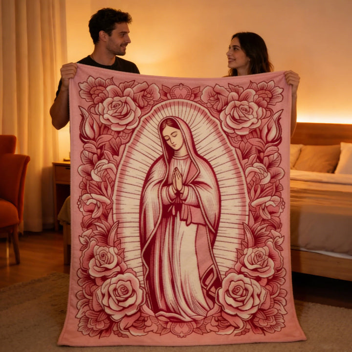 Christianartworkshop Our Lady Pink Tapestry with Floral Accents: Embody Her Tender Grace in Cozy Spaces - image 1