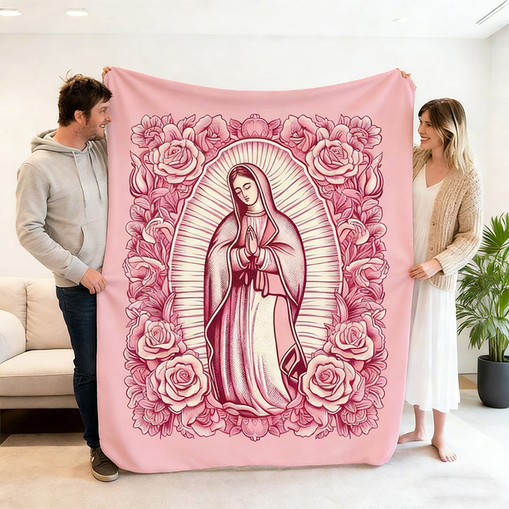 Christianartworkshop Our Lady Pink Tapestry with Floral Accents: Embody Her Tender Grace in Cozy Spaces - image 0