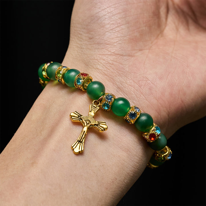 Christianartworkshop Frosted Green Agate & White Glass Cross Bracelet: Gentle Faith in Luminous Texture - image 3