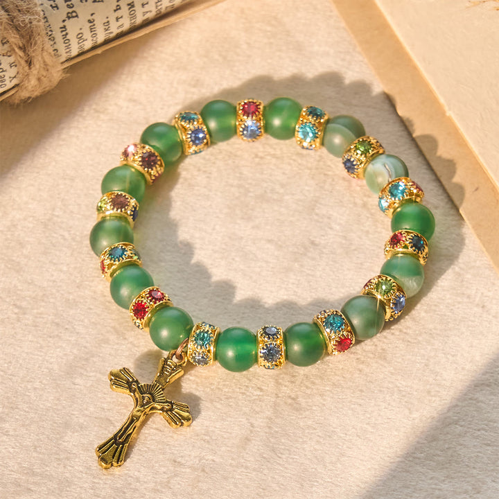 Christianartworkshop Frosted Green Agate & White Glass Cross Bracelet: Gentle Faith in Luminous Texture - Green - image 4