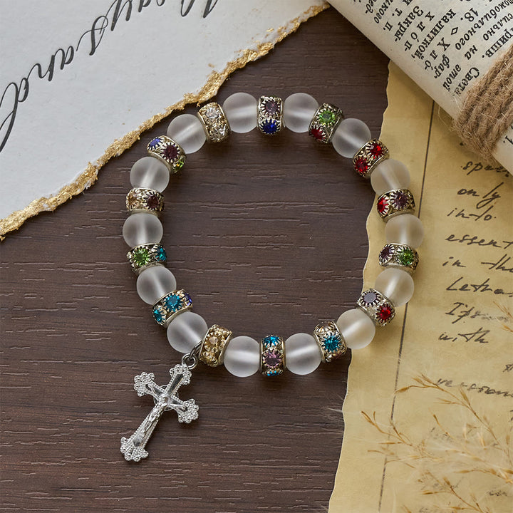 Christianartworkshop Frosted Green Agate & White Glass Cross Bracelet: Gentle Faith in Luminous Texture - image 16