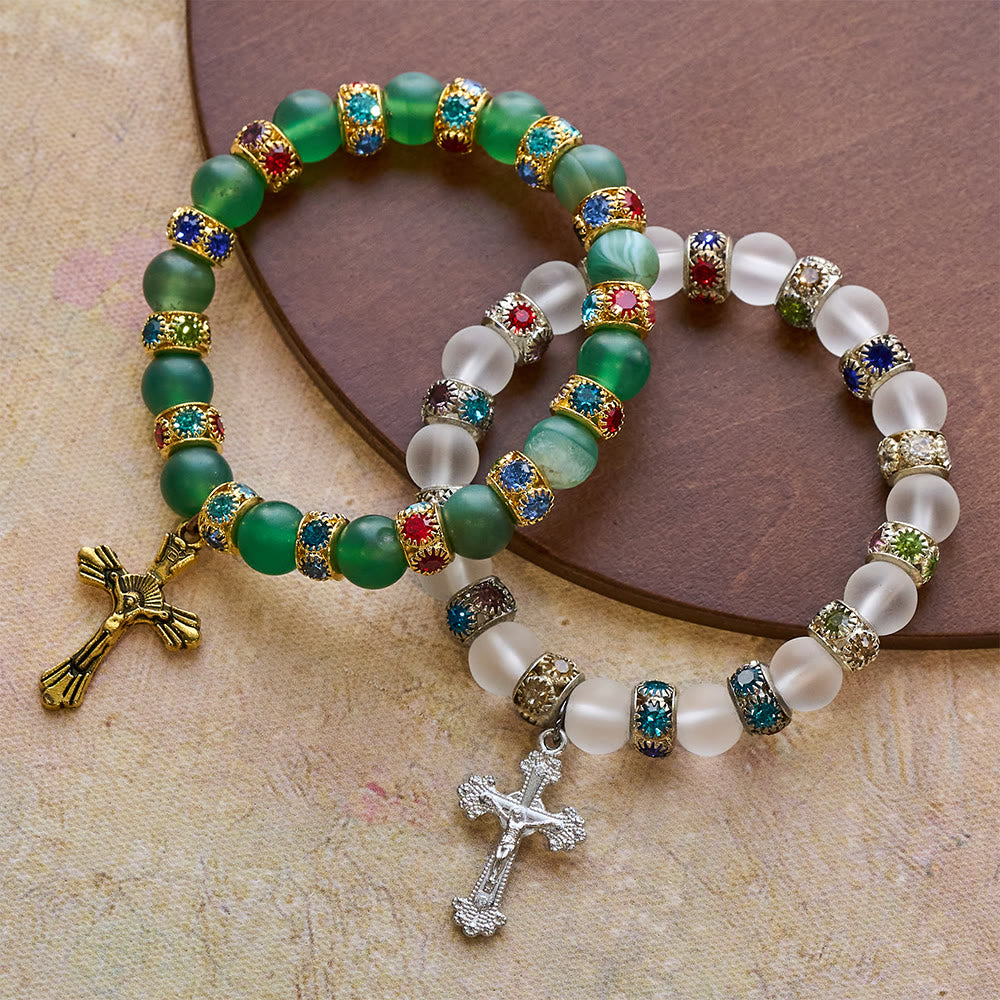Christianartworkshop Frosted Green Agate & White Glass Cross Bracelet: Gentle Faith in Luminous Texture - image 0