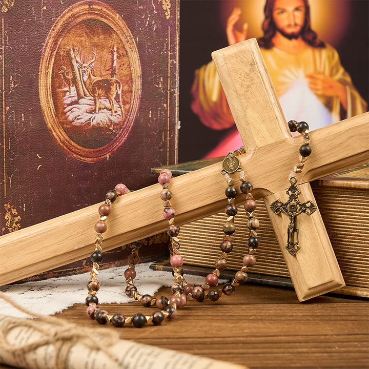 Christianartworkshop Miraculous Medal & Crucifix of 6 mm Round Multicolor Natural Black Line Rosary - image 3