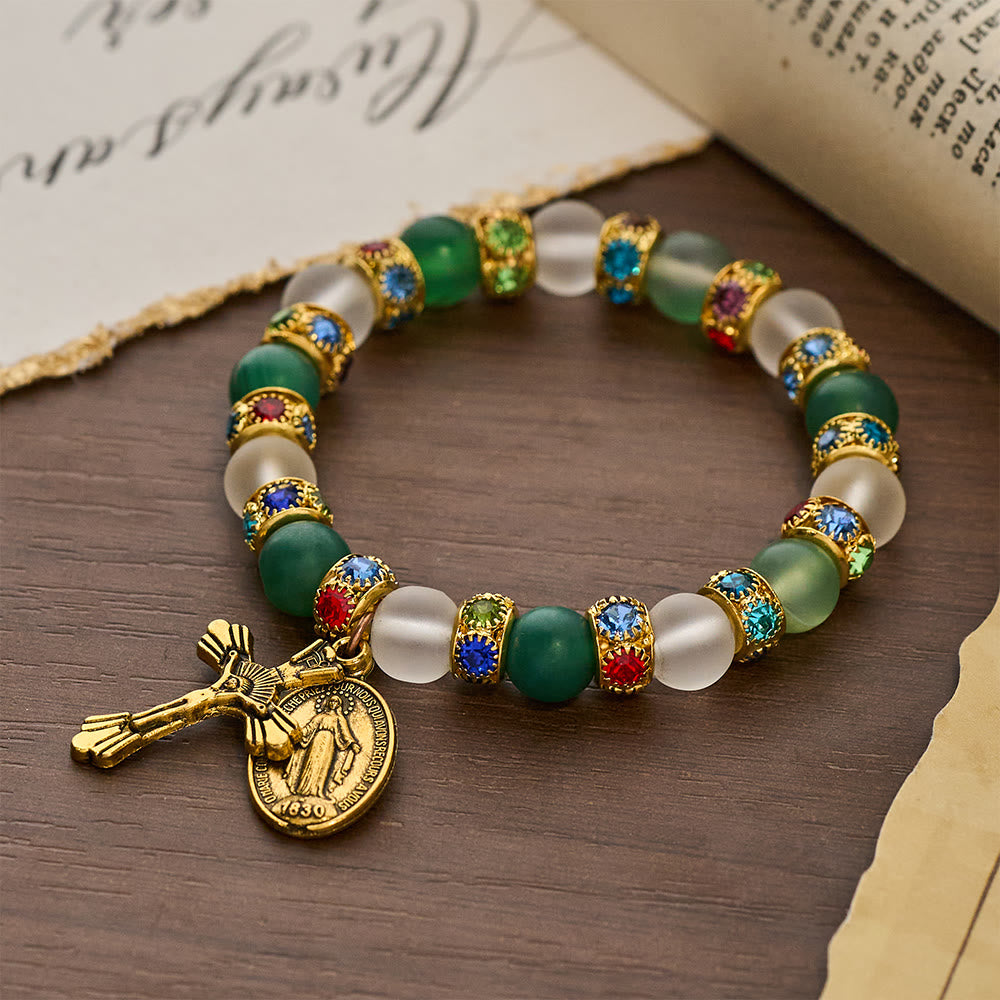 FREE Today: Smooth Frosted Agate Crucifx & Our Lady Bracelet: Remind of His Tender Love - Green & White - image 0