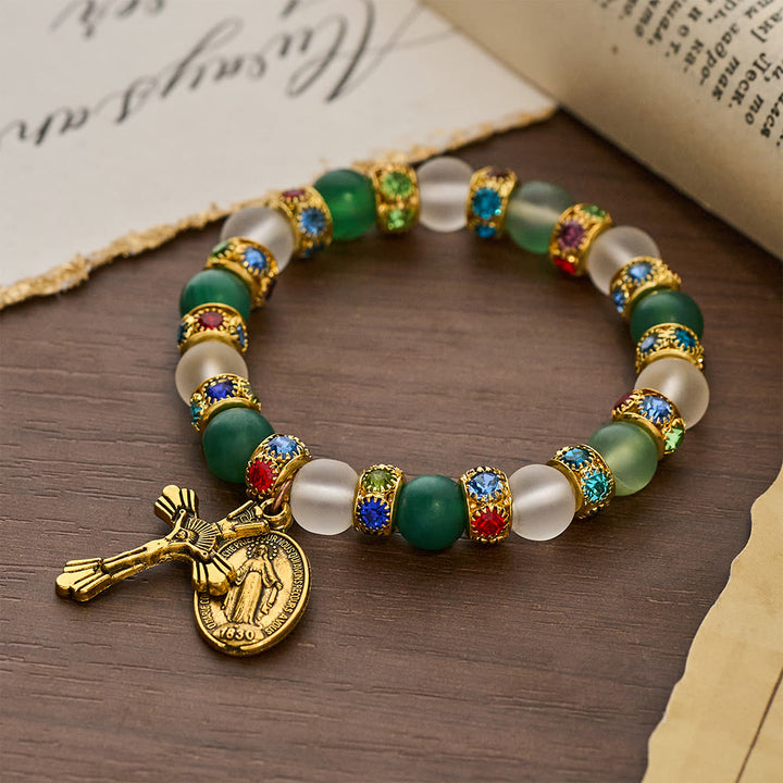 FREE Today: Smooth Frosted Agate Crucifx & Our Lady Bracelet: Remind of His Tender Love - Green & White - image 0