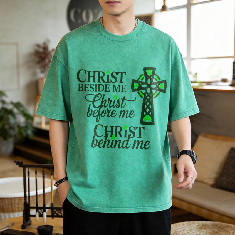 Christianartworkshop Christ Beside Me Celtic Cross Unisex Washed T-Shirt: Wear His Ever-Presence - image 1