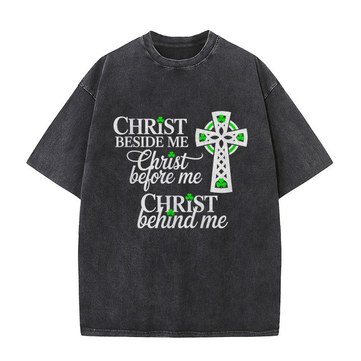Christianartworkshop Christ Beside Me Celtic Cross Unisex Washed T-Shirt: Wear His Ever-Presence - Black - 5XL - image 4