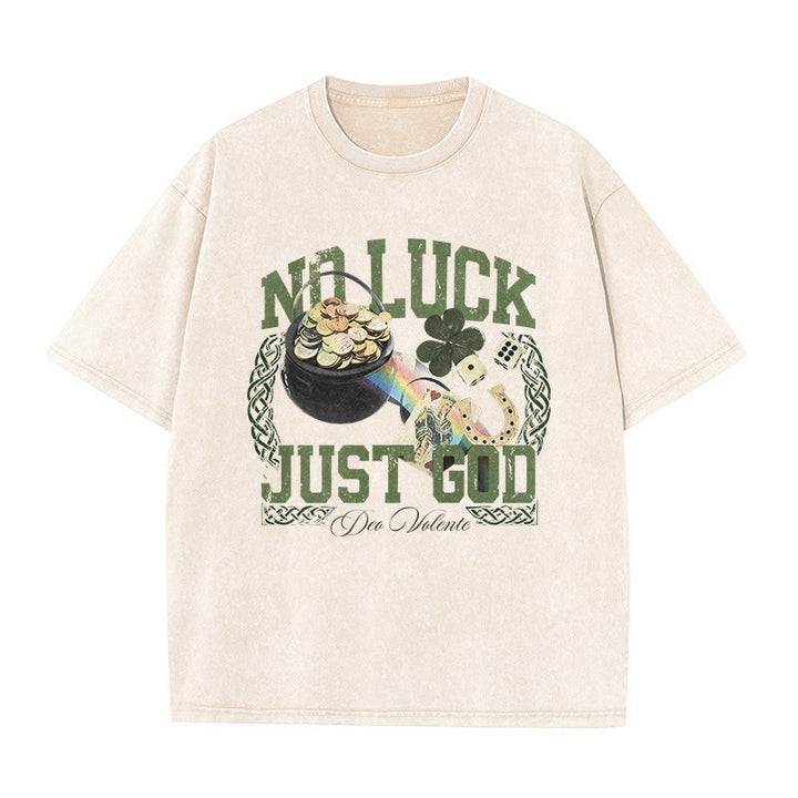 Christianartworkshop No Luck Just God St. Patrick’s Day Unisex Washed T-Shirt - Beige - 5XL - image 5