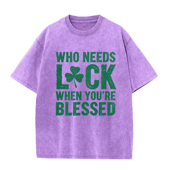 Christianartworkshop Who Needs Luck When You're Blessed Shamrock Unisex Washed T-Shirt - Purple - 5XL - image 10