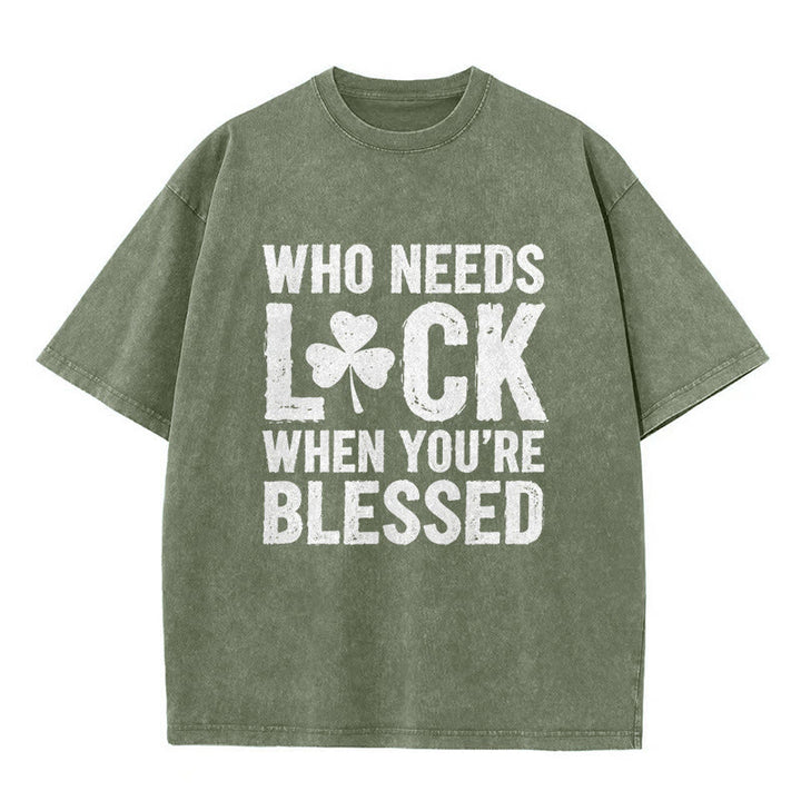 Christianartworkshop Who Needs Luck When You're Blessed Shamrock Unisex Washed T-Shirt - Army Green - 5XL - image 10