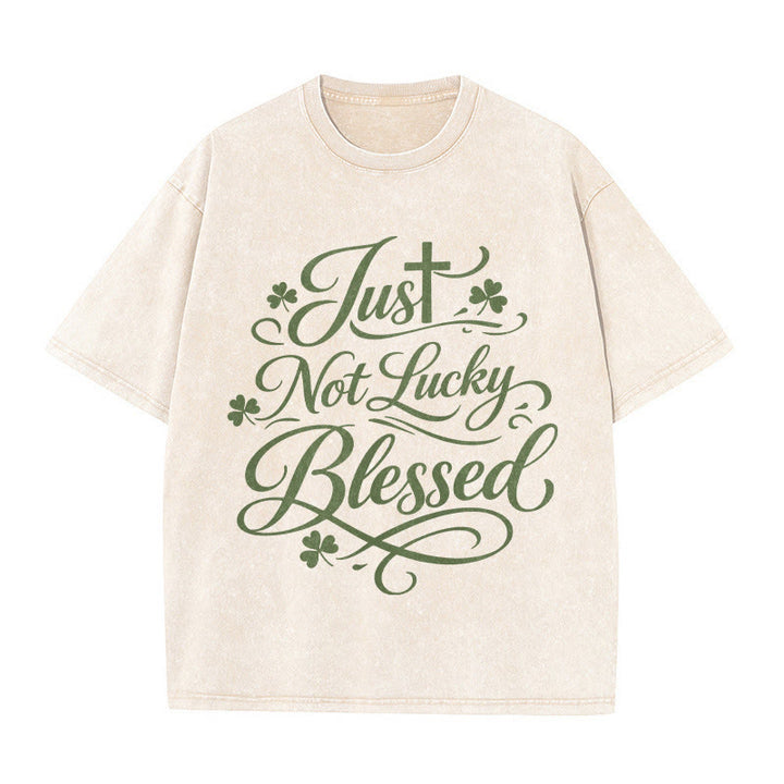 Christianartworkshop Just Not Lucky, Blessed Cross & Shamrock Unisex Washed T-Shirt - Beige - 5XL - image 7