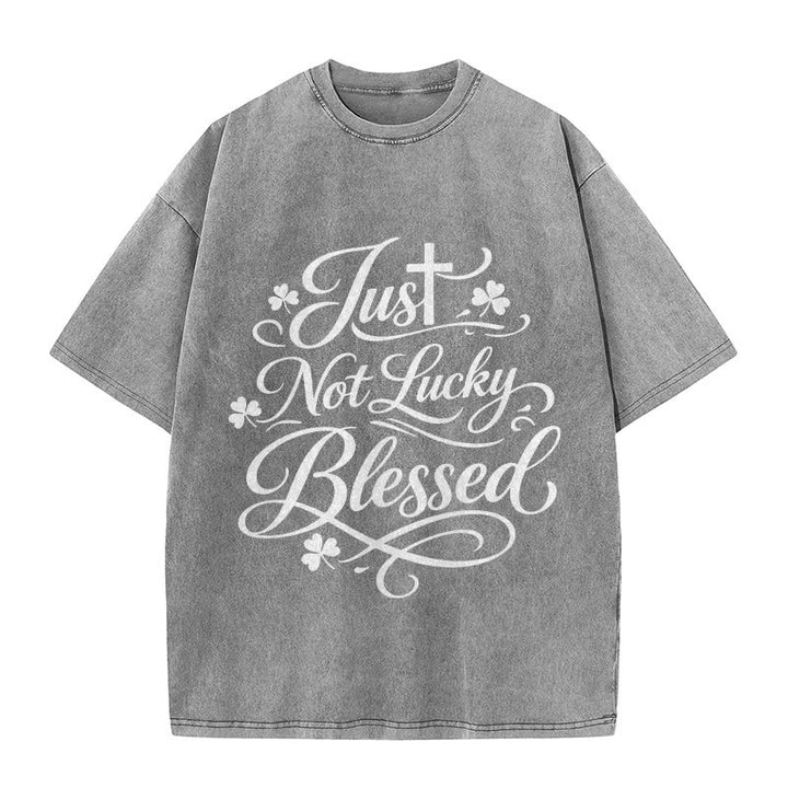 Christianartworkshop Just Not Lucky, Blessed Cross & Shamrock Unisex Washed T-Shirt - Grey - 5XL - image 3
