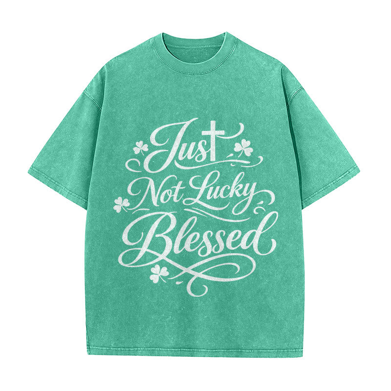 Christianartworkshop Just Not Lucky, Blessed Cross & Shamrock Unisex Washed T-Shirt - Green - 5XL - image 6