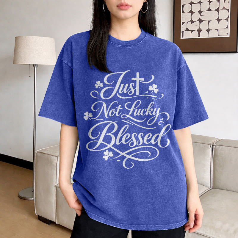 Christianartworkshop Just Not Lucky, Blessed Cross & Shamrock Unisex Washed T-Shirt - image 2