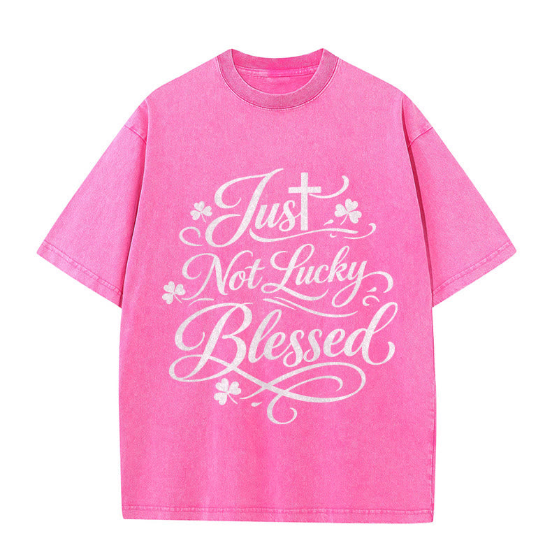 Christianartworkshop Just Not Lucky, Blessed Cross & Shamrock Unisex Washed T-Shirt - Pink - 5XL - image 9