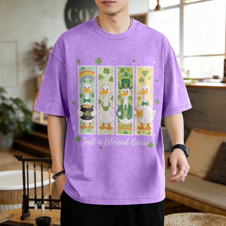 Christianartworkshop Just a Blessed Goose St. Patrick’s Day Unisex Washed T-Shirt - image 1