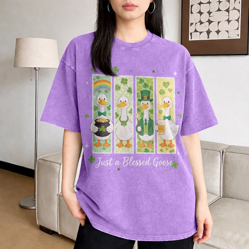 Christianartworkshop Just a Blessed Goose St. Patrick’s Day Unisex Washed T-Shirt - image 2
