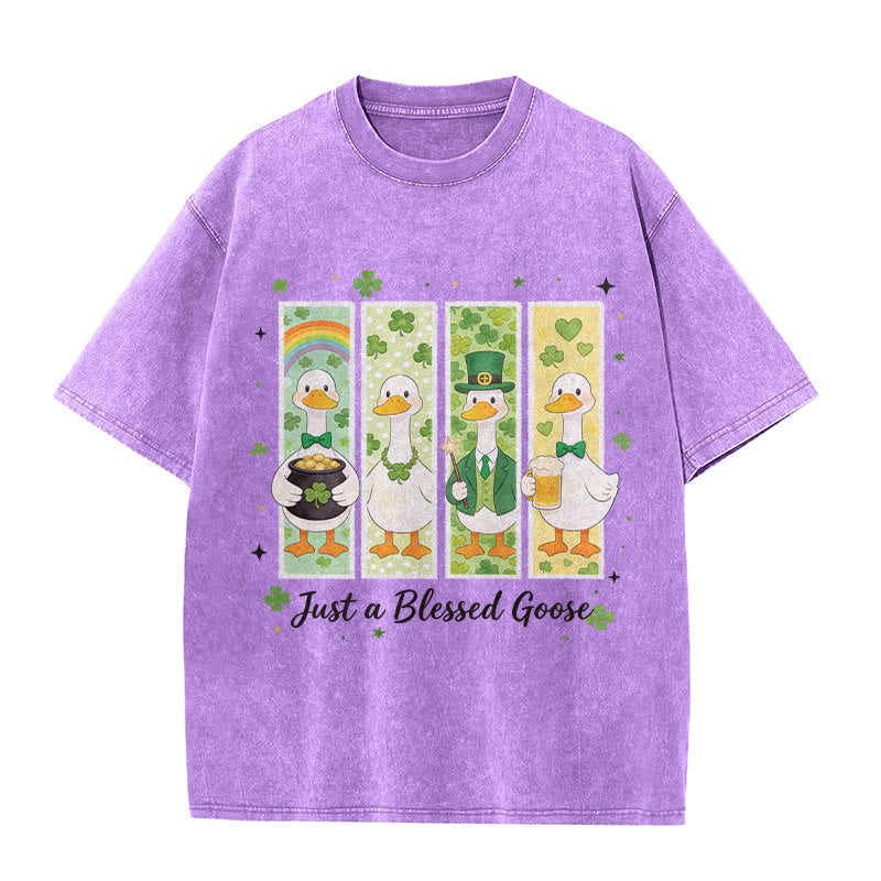 Christianartworkshop Just a Blessed Goose St. Patrick’s Day Unisex Washed T-Shirt - Purple - 5XL - image 0