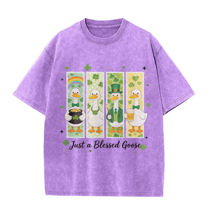 Christianartworkshop Just a Blessed Goose St. Patrick’s Day Unisex Washed T-Shirt - Purple - 5XL - image 0