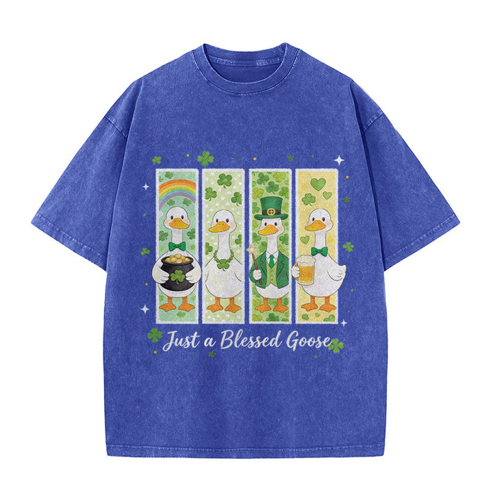 Christianartworkshop Just a Blessed Goose St. Patrick’s Day Unisex Washed T-Shirt - Blue - 5XL - image 3